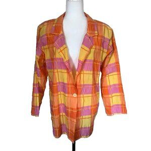 ANNE FONTAINE Long Sleeve Blazer Jacket Size 36 Colorful Pucker Cotton Plaid